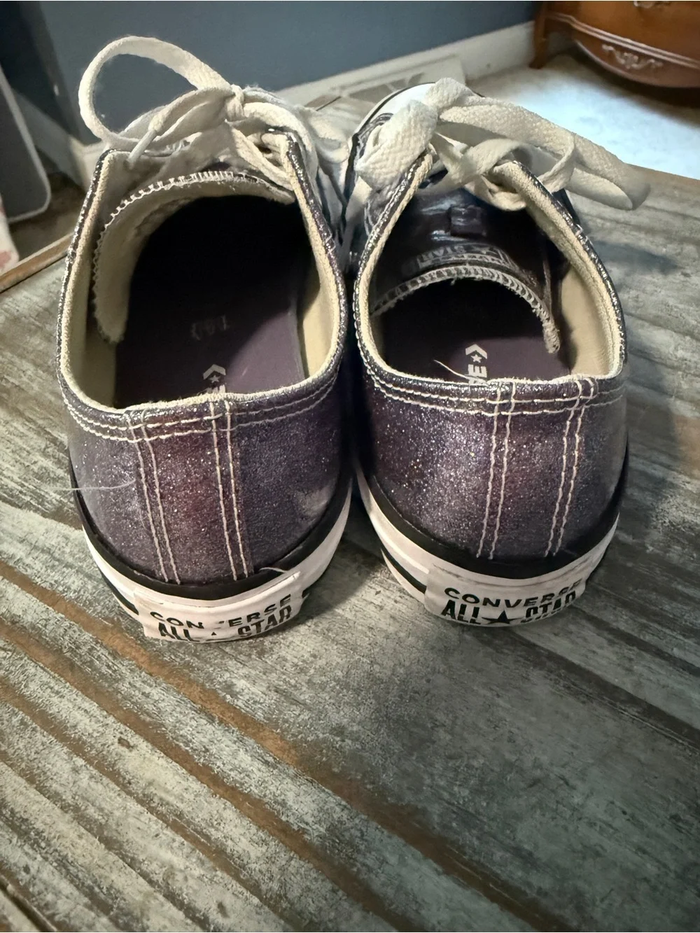 3 pairs of girls shoes…brown sandals, Glitter Purple Converse & patriotic clogs